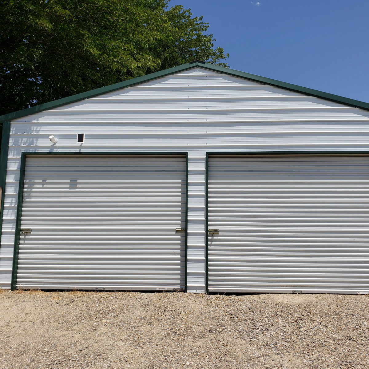 A metal garage on residential property